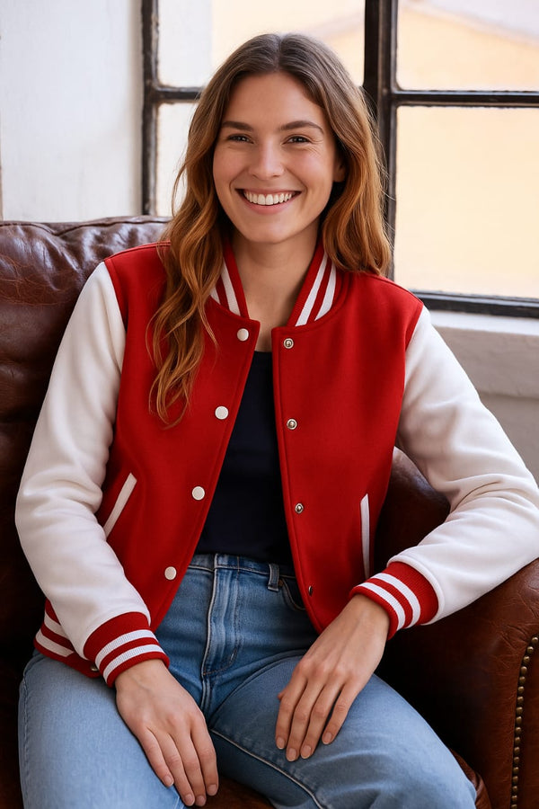 Red & White Women’s Varsity Jacket – Sporty, Stylish & Comfy