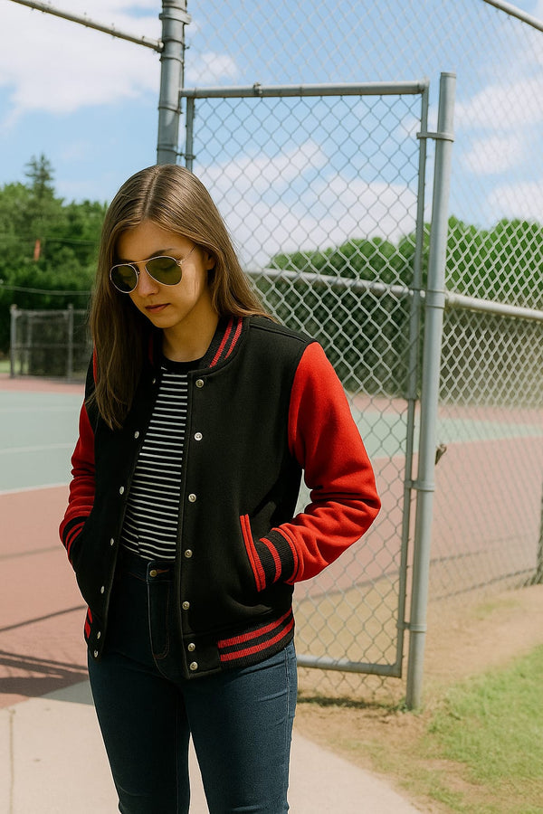 Women’s Black-Red Letterman Jacket – Chic, Athletic Style with Cozy Comfort