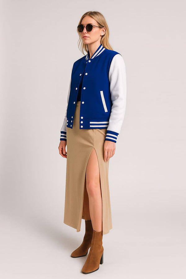 Women’s Blue White Varsity Jacket – Sporty, Stylish & Comfy