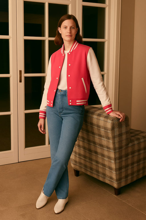 Trendy Women’s Pink and White Varsity Jacket – Premium Quality & Perfect Fit